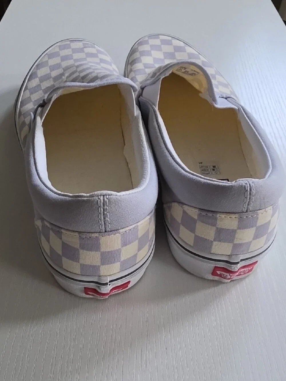 Mens Vans Slip-On Checkerboard Sneakers in Light Gray and Cream Like New